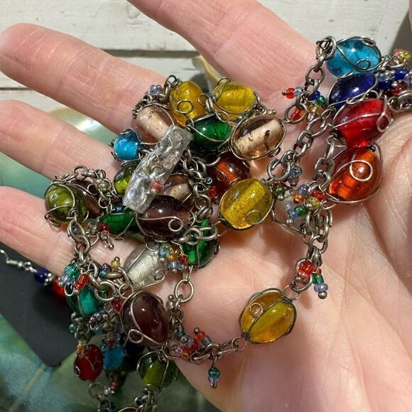 Vintage Handcrafted Bohemian Multi Color Artisan Glass 50” Necklace & Earrings - Picture 3 of 4